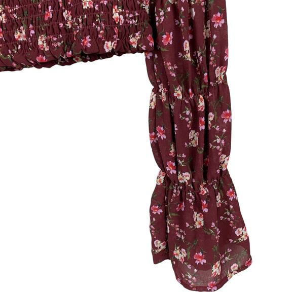 Wild Fable Blouse Cropped Smocked Long Puffy Sleeves Red Floral Boho Women's S - Picture 6 of 9